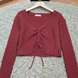 Burgundy Ruched Drawstring Crop Knit Top Cozy Cable Sweater